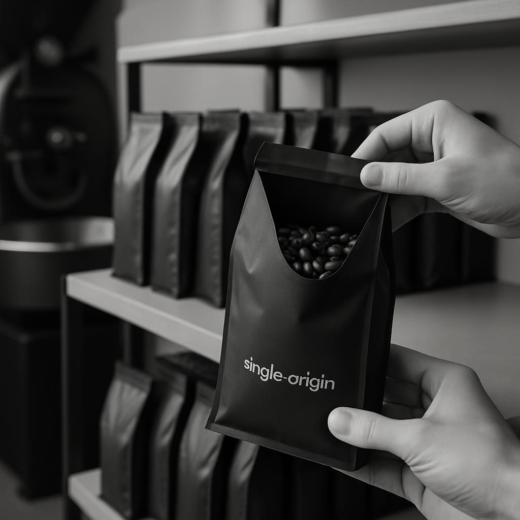 Person holding a black bag of coffee beans in a warehouse setting.