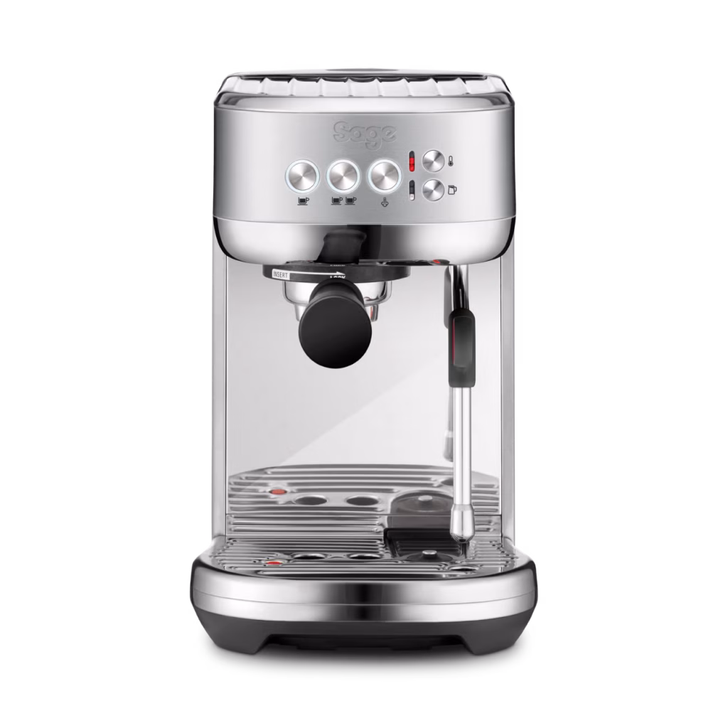 Breville Bambino Plus espresso machine in brushed stainless steel – compact design with 3-second heat up and automatic milk frother for café-quality coffee at home in the AU.